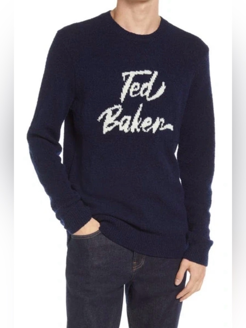 TED BAKER Gowan Logo Crew Neck Long Sleeve Jumper Size 6 / 2XL Navy Wool Blend